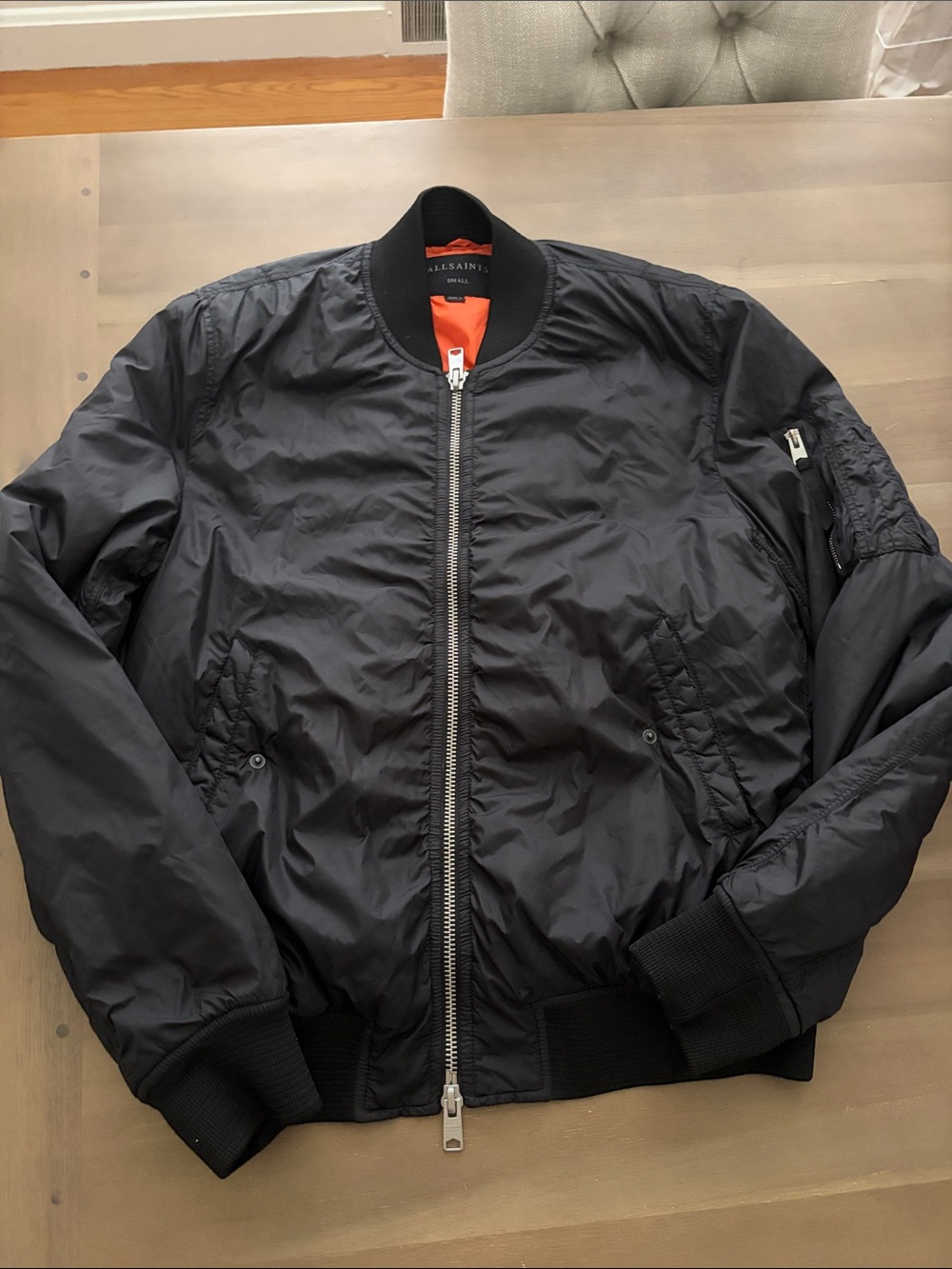 AllSaints Black Bomber Jacket with Orange Lining